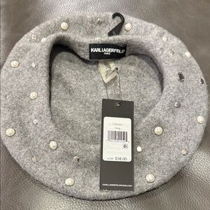 Karl Lagerfeld Gray Beret with Pearl and Gem Accents
